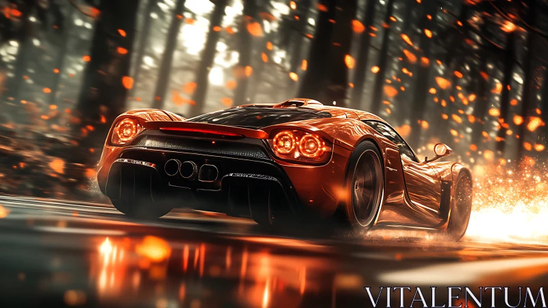 Ember-hued supercar ignites a forest road in molten motion.