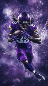 Dynamic grid-locked portrait of purple-clad football runner.