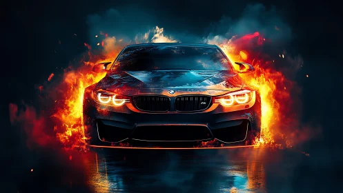 Fiery sports car bursts through dark smoke and neon flames.