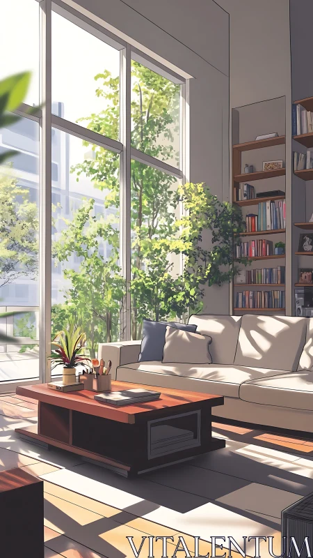 Sunlit studio lounge breathes in leafy urban morning calm