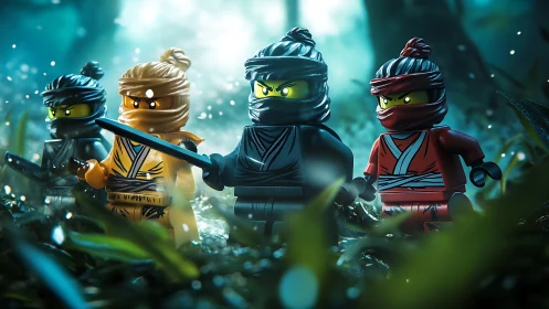 Lego ninja squad advances through cinematic forest mist.