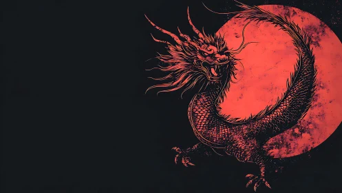 Scarlet lunar dragon coils before burning blood moon.