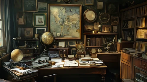 Cozy explorer’s study filled with maps, globes, and stories.