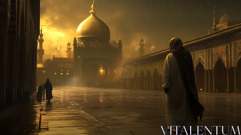 Golden domed mosque at dusk with cloaked lone pilgrim walking.
