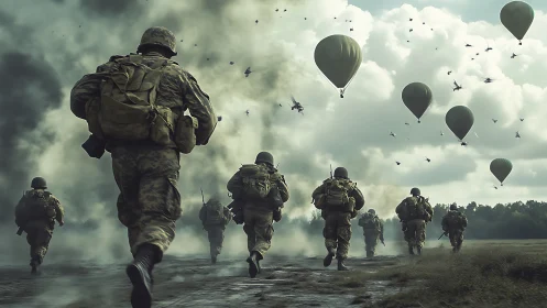 Infantry assault under drones and surveillance aerostat balloons