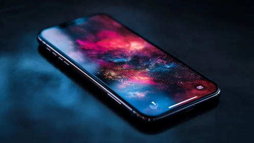 Modern smartphone with vibrant cosmic wallpaper display.