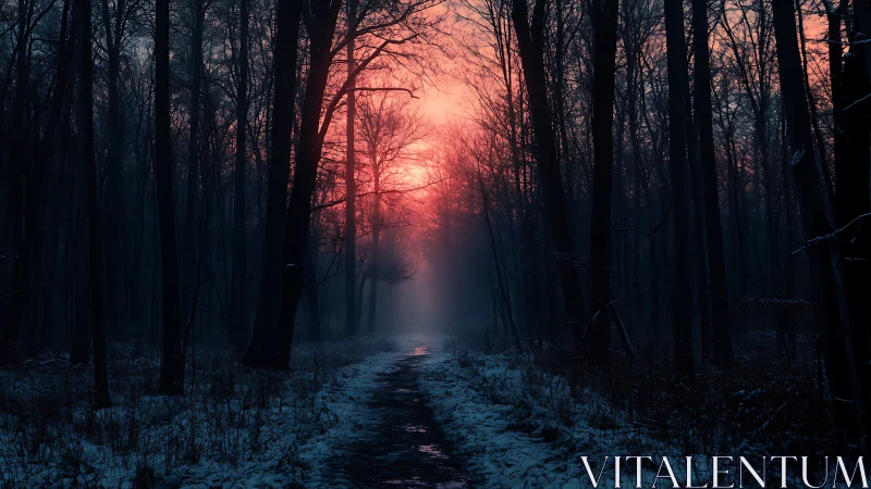 Winter forest path at sunrise with bare trees and snow cover