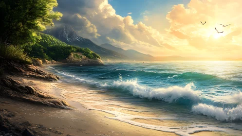 Sunlit shoreline where bright waves meet quiet mountains.