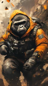 Gorilla in tactical gear with handgun in orange hooded jacket.