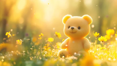 Sunlit plush teddy bear resting in glowing flower meadow.