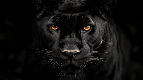 Black panther portrait with amber eyes against dark void.