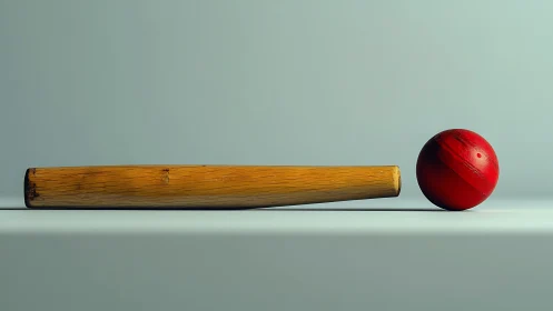 Wooden bat lies beside red ball on smooth gray surface