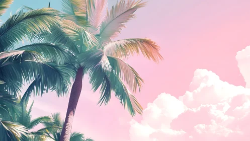Tropical Palm Fronds Against Pink Sky with Cumulus Clouds.