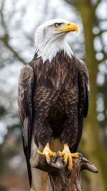 Bald eagle in vertical portrait with crisp feather detail.