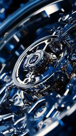 Macro view of complex metallic mechanical gear assembly.