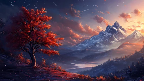 Red tree stands before snow mountains at dramatic sunset