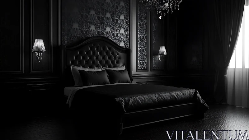 Velvet midnight bedroom wrapped in cinematic noir shadows.