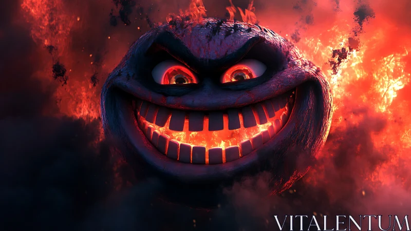 Fiery grinning sphere with glowing eyes in dark smoke.