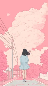 Girl walks beneath dreamy pink clouds on a quiet street