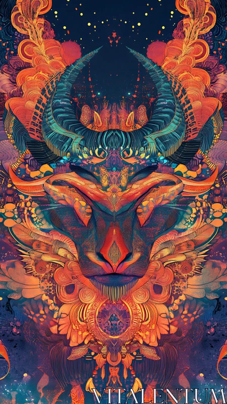 Vibrant horned beast in detailed psychedelic symmetry.