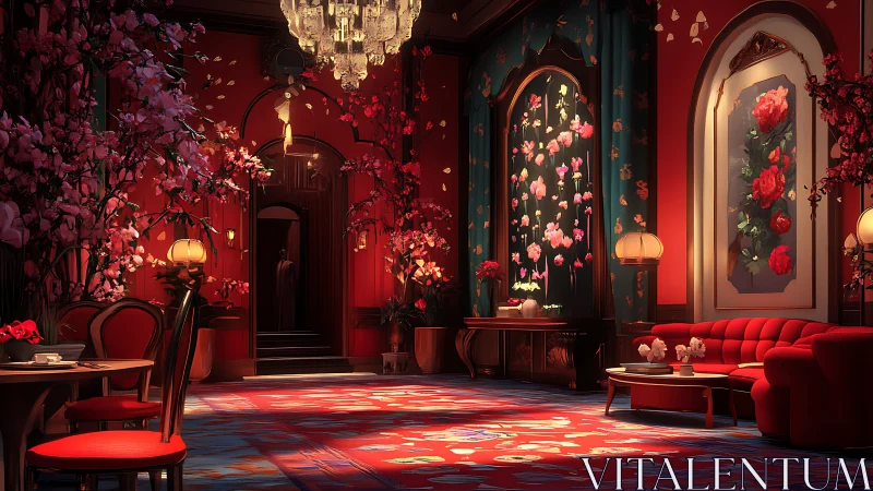 Luxurious red salon with floral décor and cinematic volumetric lighting