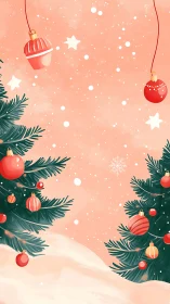 Cozy Christmas trees glowing softly in a snowy blush sky.