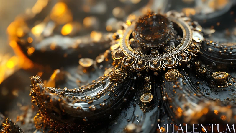 Macro view of ornate gold filigree medallion on dark resin