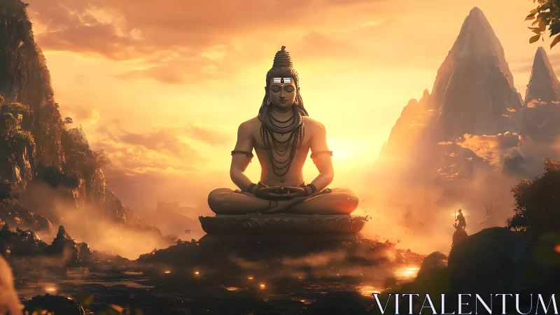 Shiva in radiant mountain dawn, serene meditative presence.