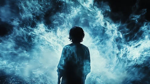 Silhouette child walks into swirling blue spectral doorway
