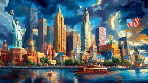 Vibrant New York harbor skyline with Statue of Liberty panorama.