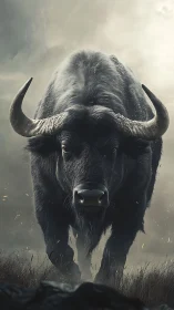 Frontal charge of horned bovid in cinematic atmospheric dust field.