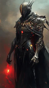 Digital painting of armored cyber-knight with molten core silhouette.
