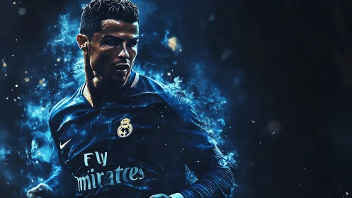 Dynamic footballer portrait with blue particle dispersion lighting effects