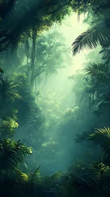 Tropical forest canopy with diffused light penetration through layered vegetation