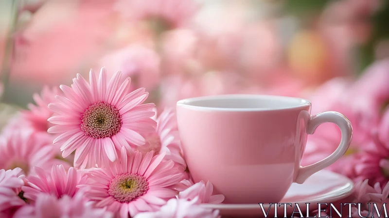 Pink Teacup Surrounded by Gerbera Daisies