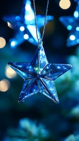 Blue glass star ornament with defocused lights background.