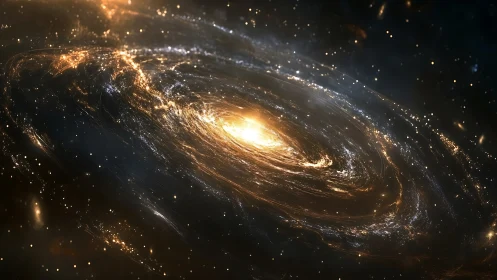 Luminous spiral galaxy core with radiant golden nebulae.