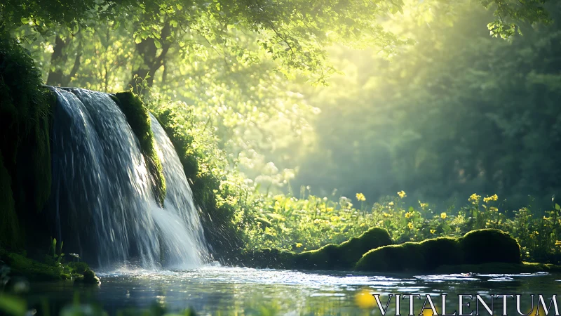 Diffuse backlit forest waterfall with soft bokeh depth cues