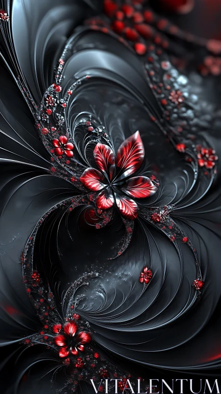 Red floral fractal pattern on metallic black background.