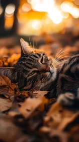 Tabby Cat Resting on Autumn Leaves at Dusk.