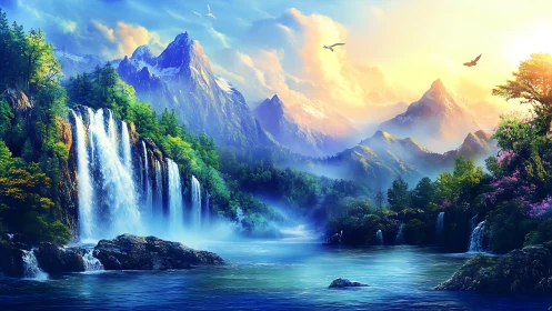 Sunlit waterfalls cascade through a tranquil fantasy valley
