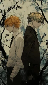 Two male figures stand back to back in stylized profile view