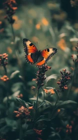 Velvet twilight garden crowns a lone ember winged butterfly