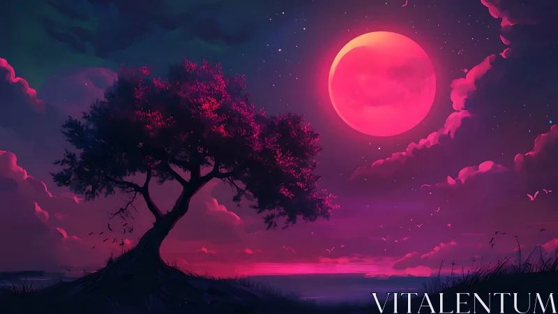 Solitary tree stands before large magenta moon at dusk