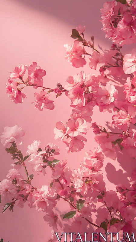 Pink flowering branches against monochromatic sky backdrop.