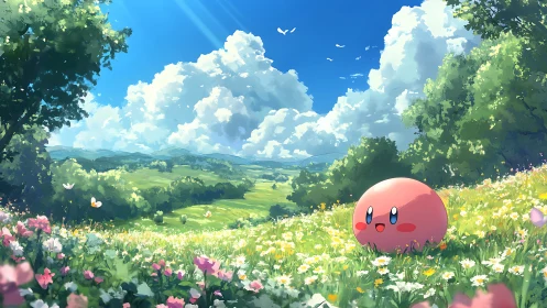 Pastel pink mascot resting in sunlit wildflower meadow.
