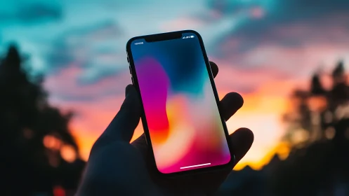 Hand displaying smartphone with vibrant gradient display against sunset backdrop