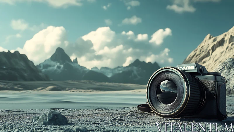 Lonely camera resting among quiet, dreamy mountain sands.