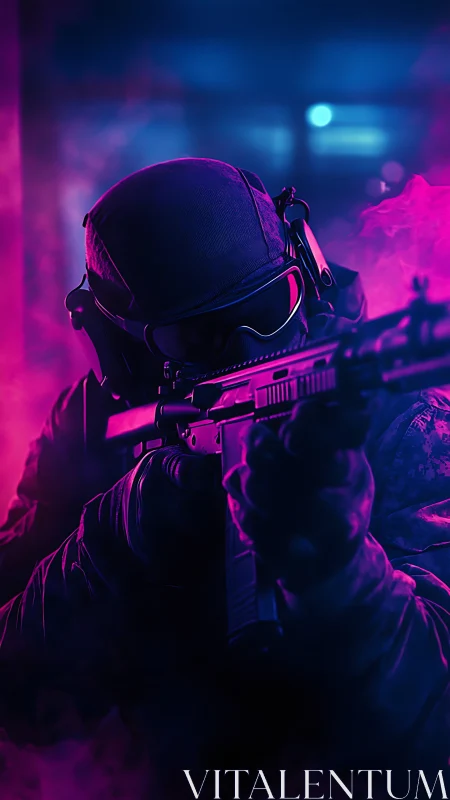 Neon-soaked marksman carves sharp focus through electric haze