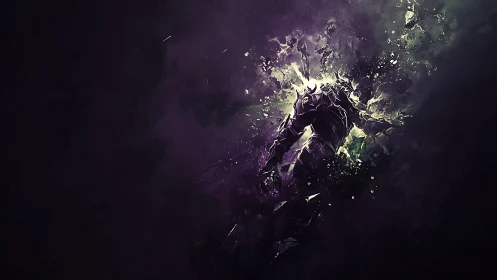 Armored figure disintegrates into glowing purple fragments